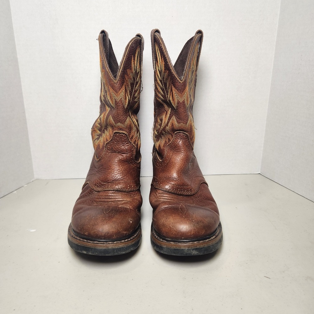 Justin Work Boots Men's 9D Brown Leather Western Style WK4655 EH Embroidered
